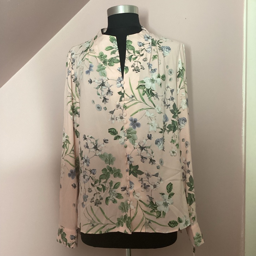 Calvin Klein Cream and Green Long Sleeve Blouse